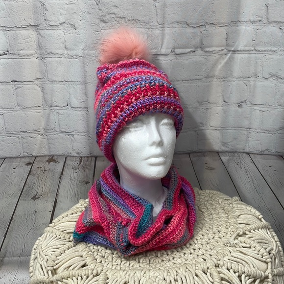 Handmade crochet Beanie pom hat with scarf - Picture 2 of 3